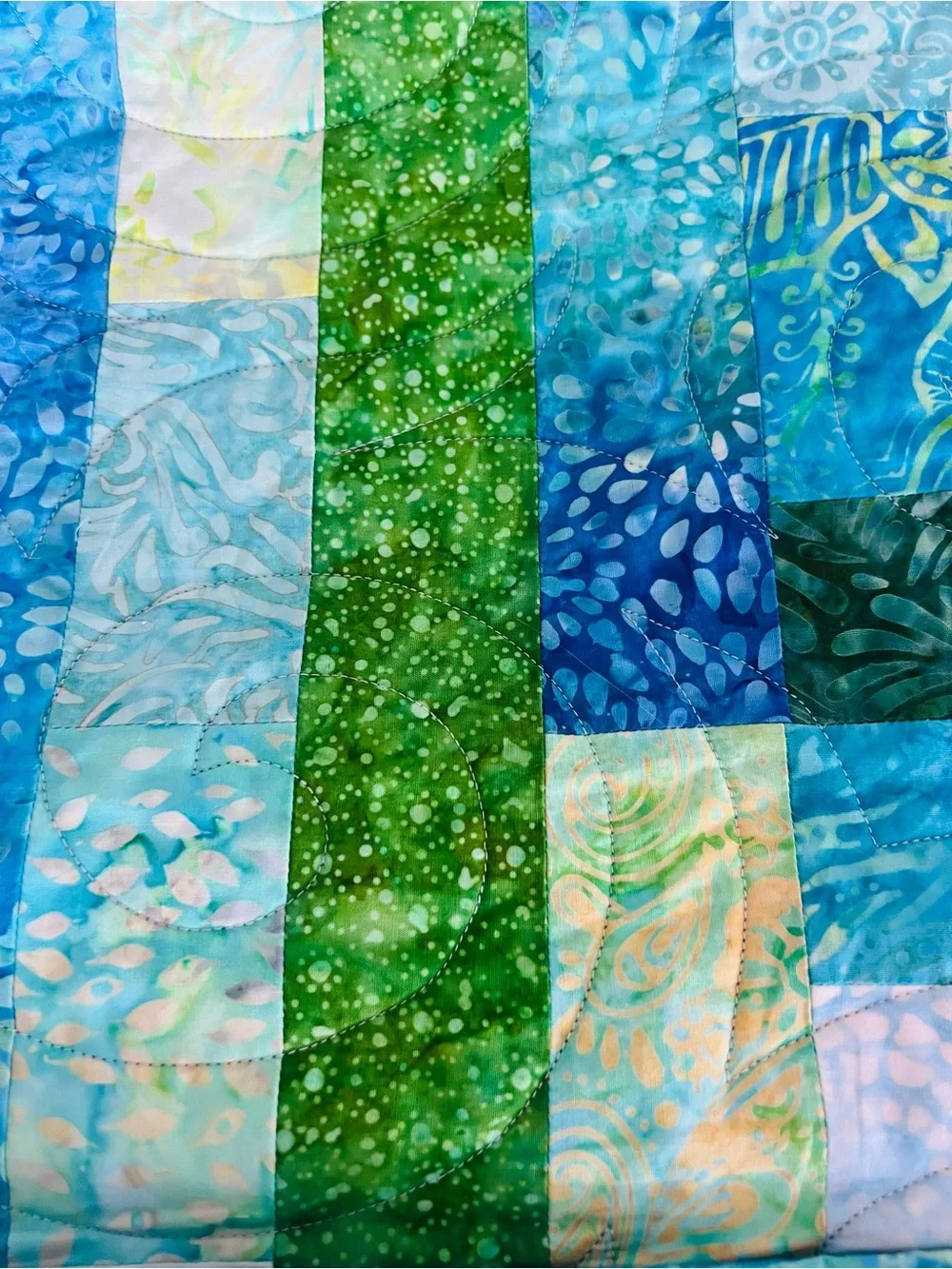 Handmade Batik Log Cabin Quilt 52x52 Blue Green Coastal Lap Quilt Wall Hanging